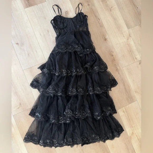 Lulus Alluring Sensation Black Tulle Embroidered Tiered Maxi Dress Party. NWT - Picture 6 of 7